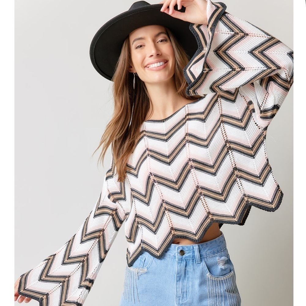 Audrey Parks Lizbeth Chevron Pullover Sweater 100% Cotton Boho Size Medium